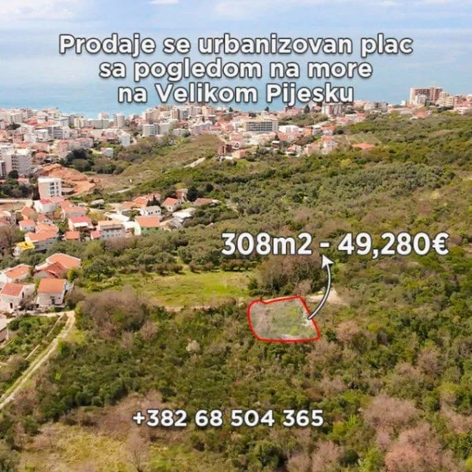 An urbanized plot with a view of the sea on Veliko Pijesk is for sale Bar / Dobra Voda